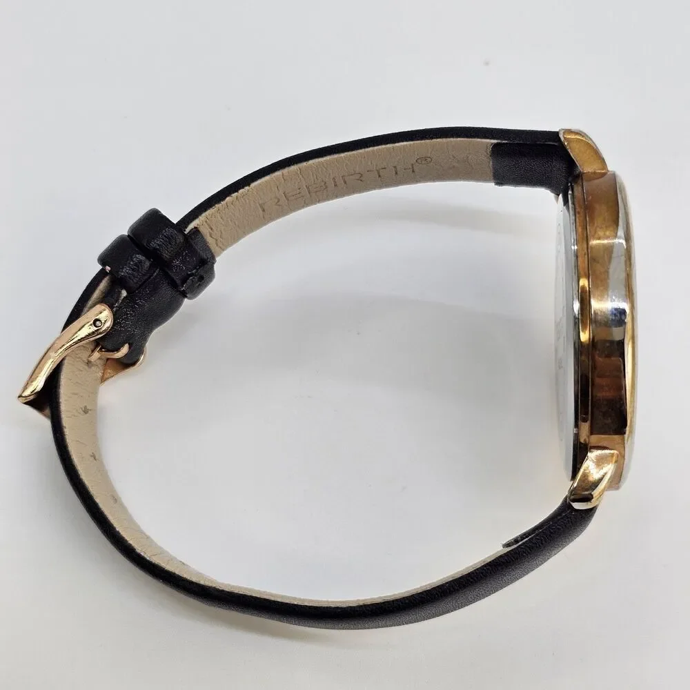 Rebirth Women's‎ Watch 41MM Gold Dial Black Leather Bands New Battery